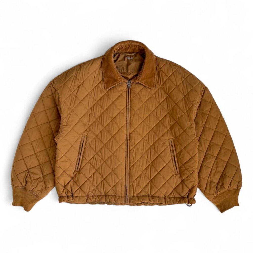 Uniqlo S Camel Quilted Jacket Women's Zip Front Collar Bomber Tan Oversized